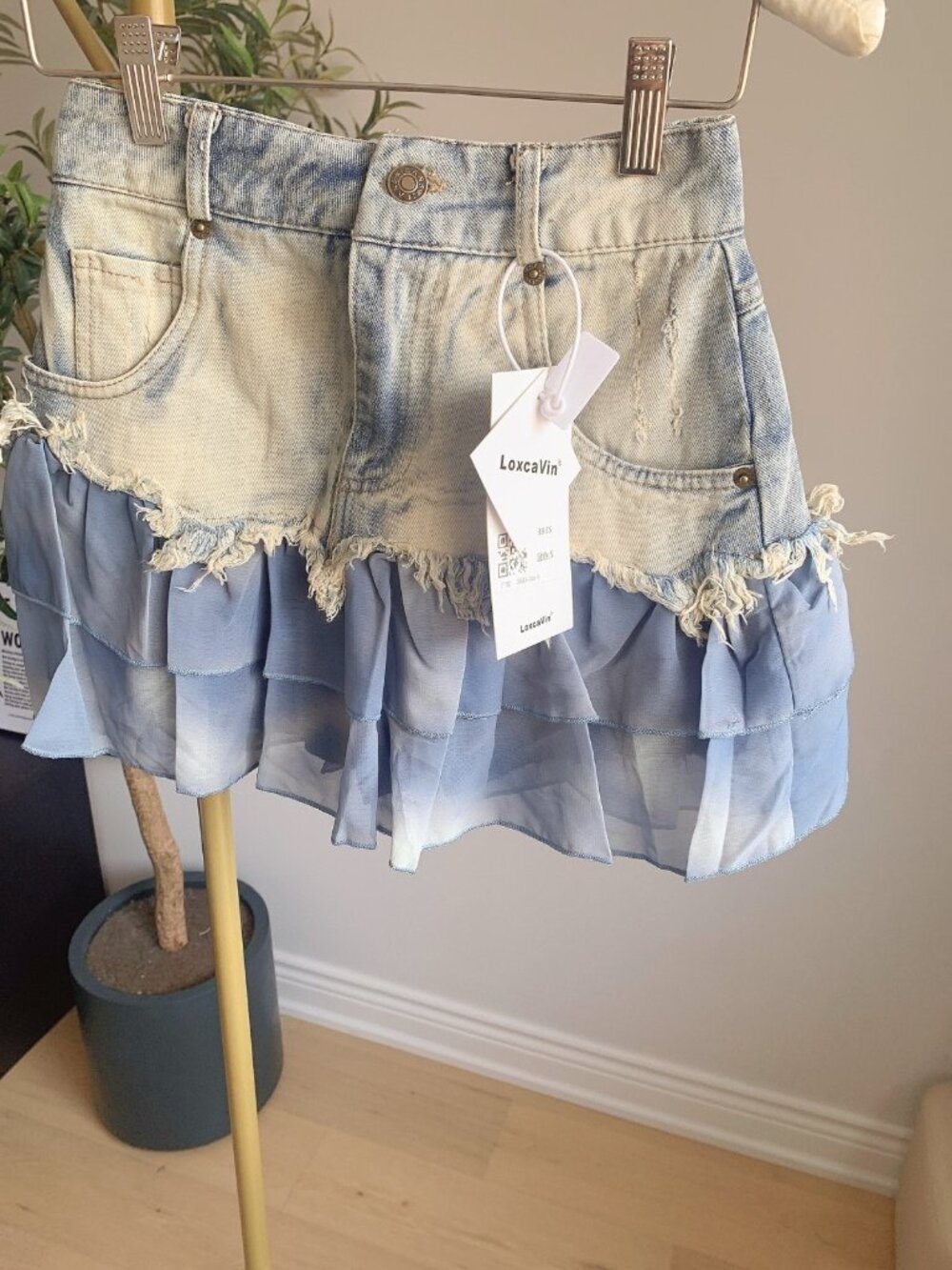Y2K Distressed Denim Mesh Ruffle Mini Skirt Blue Frayed Low Rise XS S